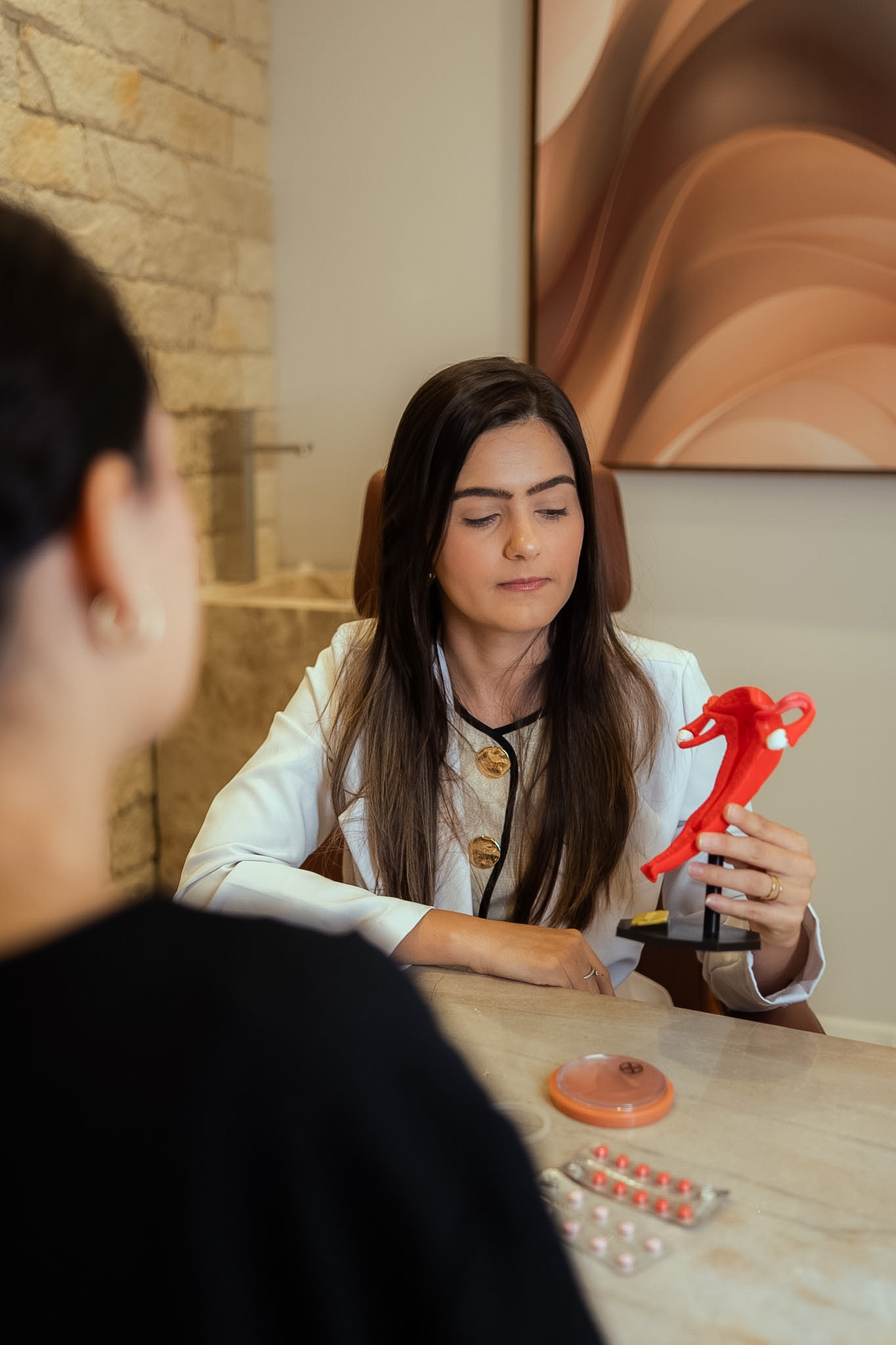 Dra. Fernanda conversando e sorrindo com uma paciente durante a consulta